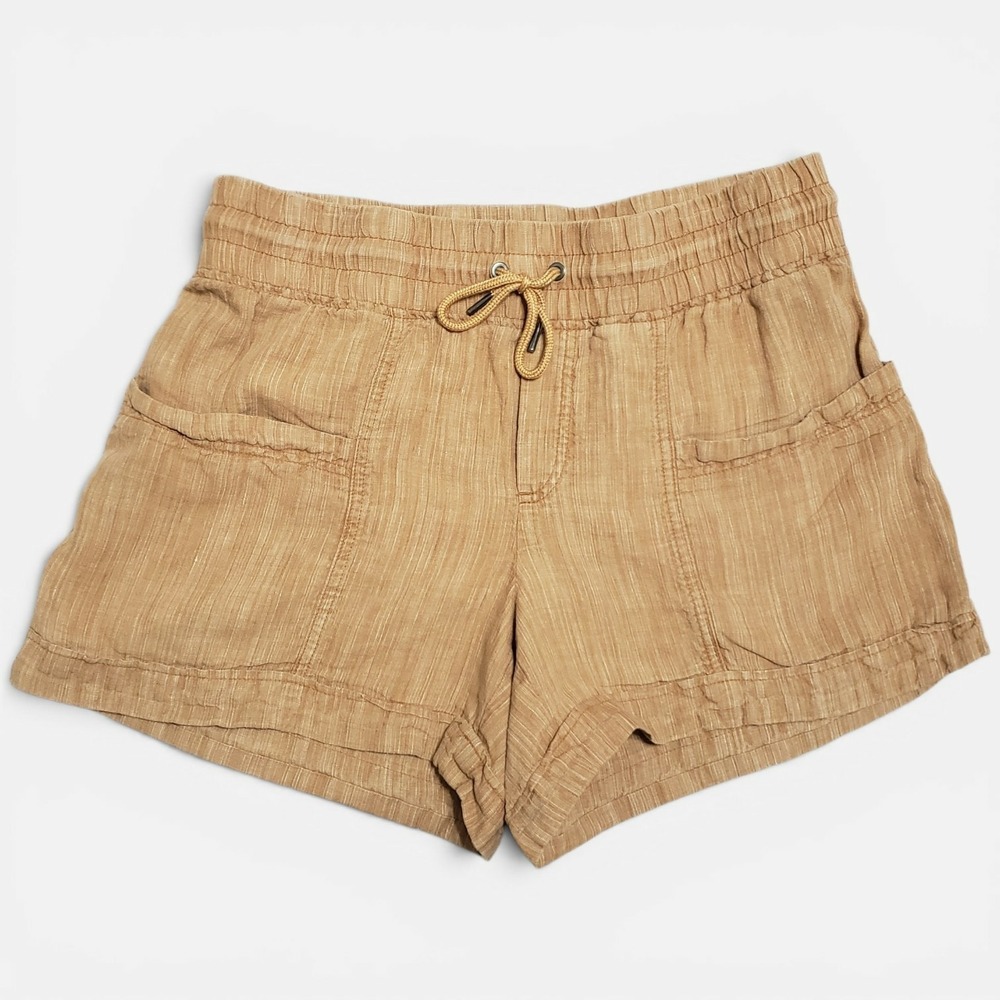 Athleta Cabo Linen Textured 4" Short Tan Brown Drawstring Shorts Womens Size 10